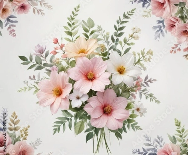 Fototapeta Delicate watercolor floral arrangement on a soft white background,  pattern,  vector