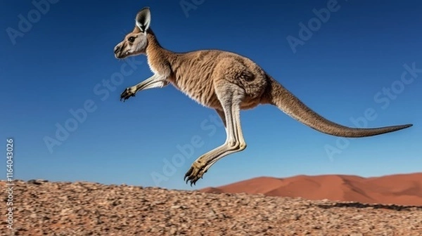 Obraz Red kangaroo leaping over rocky terrain against a clear blue sky.
