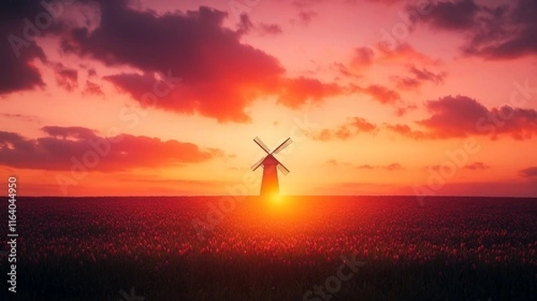 Fototapeta Dramatic sunset over a field of tulips with a windmill. (1)