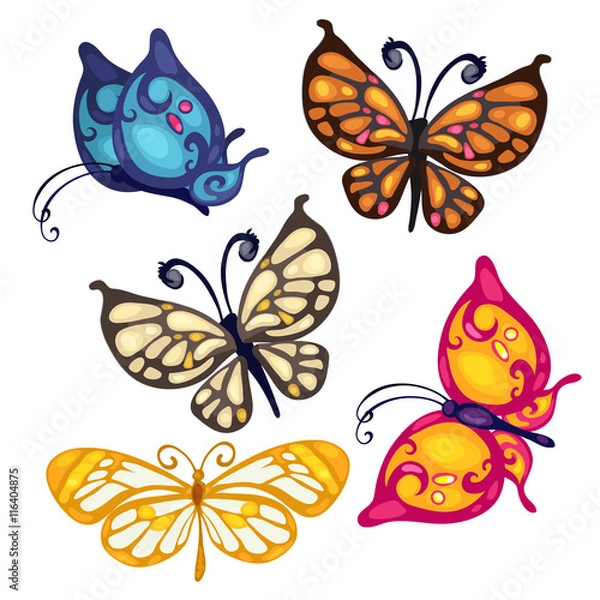 Obraz Five colorful beautiful butterfly, vector insect