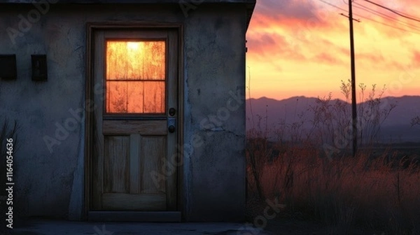 Fototapeta Dramatic sunset illuminating a rustic door with a warm glow in a tranquil countryside setting at dusk