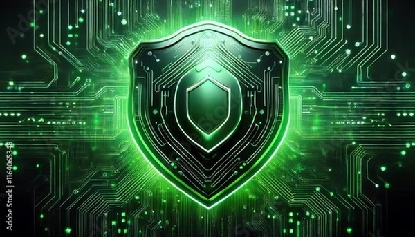 Fototapeta A digital shield icon with a glowing green outline, set against a circuit board background, symbolizing cybersecurity and protection.