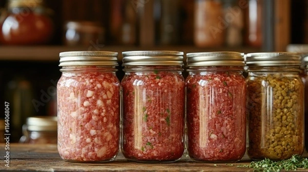 Obraz Raw minced meat jars for pressure canning pork and beef in a domestic kitchen for long-term food storage pantry organization