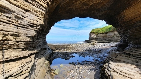 Fototapeta Scenic coastal cave view revealing ocean and blue sky through rock formation with reflections in tidal pools on the beach