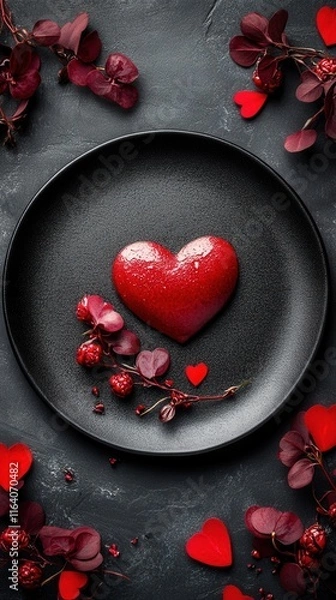 Fototapeta A stylish flat lay featuring a monochrome Valentine’s dinner menu elegantly placed on a sleek black plate, exuding modern romance and minimalist sophistication