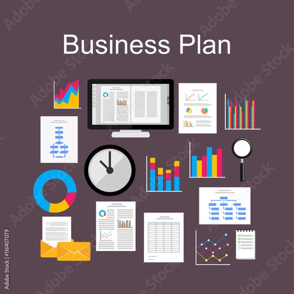 Fototapeta Business plan illustration. Flat design illustration concepts for finance, business, management, analysis, business solution, teamwork, business statistic, marketing, consulting.