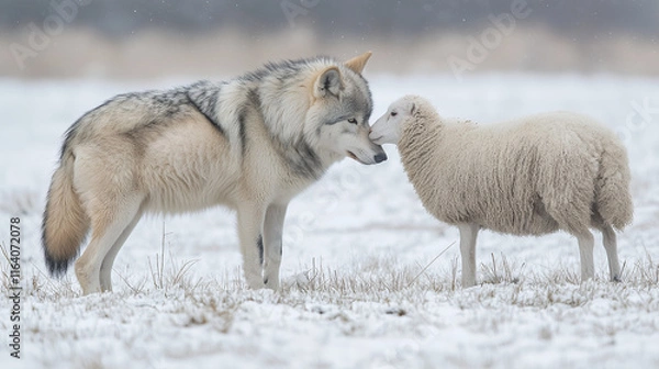 Obraz Wolf and sheep face off snowy field animal love encounter winter wonderland close-up nature