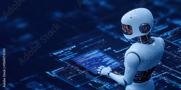 Fototapeta Autonomous robot interacting with digital interface and AI agent glowing pathways