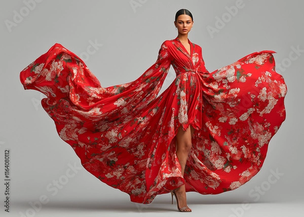 Fototapeta An Asian woman model poses in a flowing red floral silk dress. The fabric drapes dramatically around her, creating a visually stunning image. Her makeup is subtly dramatic.