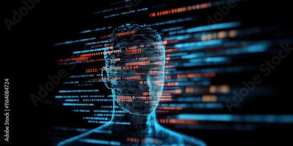 Fototapeta glowing digital figure surrounded by data streams and overlays