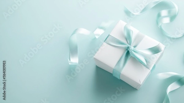 Fototapeta Elegant white gift box with a soft blue ribbon placed on a serene aqua surface, perfect for celebrations, birthdays, or special occasions, conveying joy and warmth.