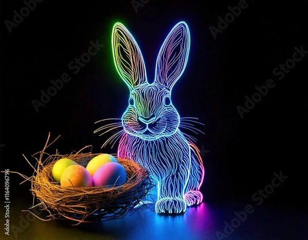 Fototapeta Easter, Easter bunny in Neon Colour sits   between colorful,colored eggs, some of which are in a nest 