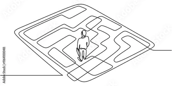 Fototapeta Continuous one line drawing of a person in a maze, representing choices and the journey towards clarity.