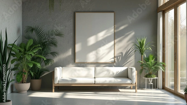 Fototapeta Serene Modern Minimalist Living Room with Textured Gray Wall, Sleek Canvas Art, Sunlight, and Lush Green Plants
