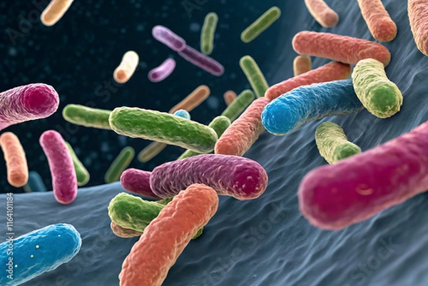 Fototapeta Microscopic view of probiotics bacteria in human stomach, showing escherichia coli and other organisms involved in digestion and health care