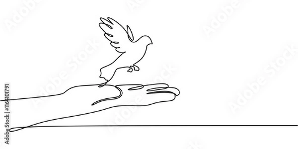 Fototapeta Continuous line drawing of a hand offering a dove, symbolizing hope and peace.
