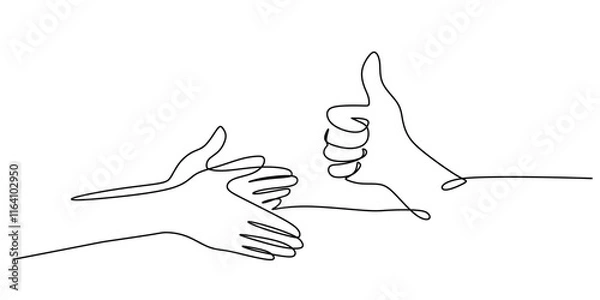 Fototapeta Clapping Hand and Thumb Up in Continuous Line Drawing. Celebration and Approval