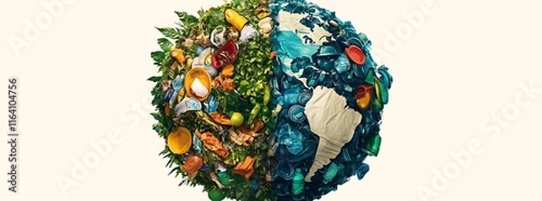 Fototapeta Earth made from different types and colors of plastic waste, earth day environment day concept
