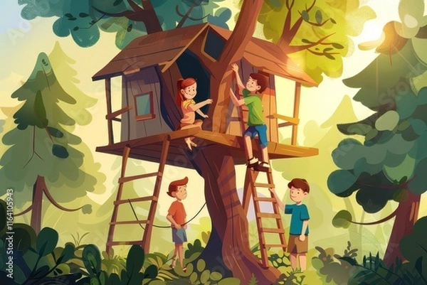 Obraz Fun Moments in a Treehouse with Siblings in Cartoon Style
