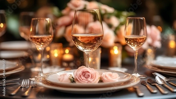 Obraz Romantic Dinner Setting With Rose Decor And Wine Glasses