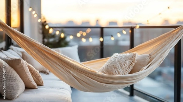 Fototapeta Cozy hammock on balcony at sunset with soft pillows and warm atmosphere
