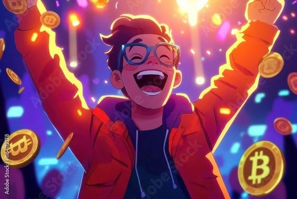 Obraz Joyful Celebration of Crypto Wealth in Cartoon Style