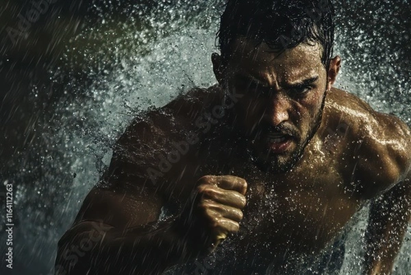 Fototapeta Man Running Through Rainstorm with Intense Expression