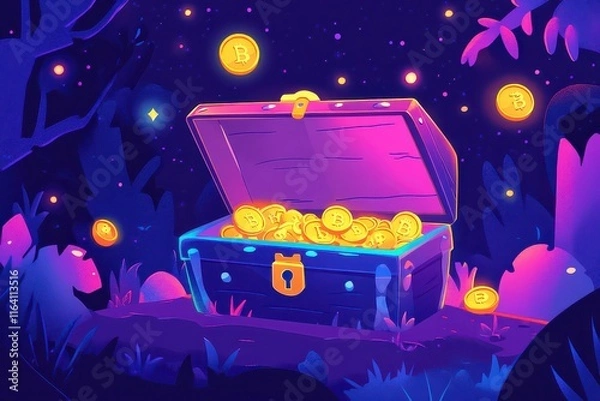 Obraz Playful 2D Design of Treasure Chest Filled with Coins