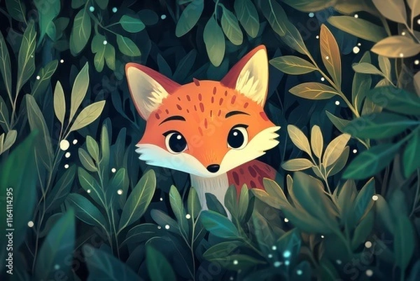 Obraz Playful Fox Peeking from Lush Greenery in Cartoon Style