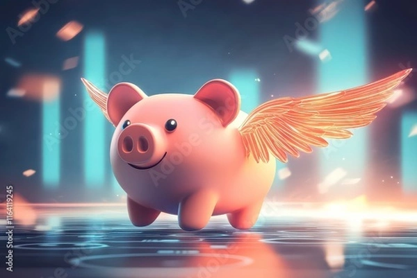 Obraz Whimsical Flying Piggy Bank in Bright Cartoon Style