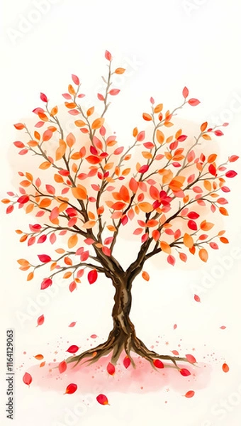 Fototapeta Watercolor tree with orange leaves. Falling leaves at its base.