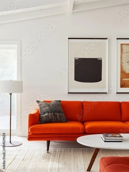 Obraz Modern Living Room with Orange Sofa and Abstract Art