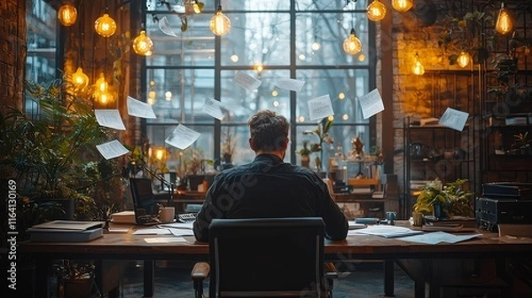 Fototapeta A 3D-rendered study scene with a student seated at a desk, enveloped by floating digital books and notes, represents the future of learning