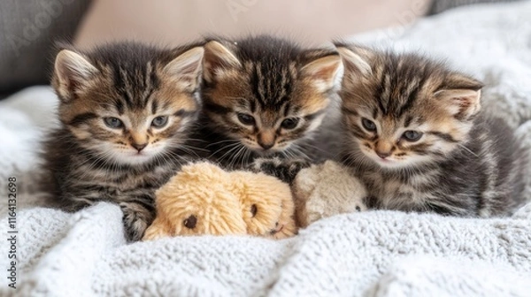 Fototapeta Three Kittens Playing with Plush Toys on Cozy Bed