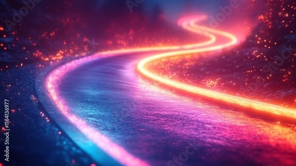 Fototapeta Glowing neon path winding through dark fantasy forest.