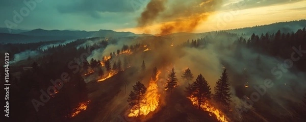 Fototapeta Aerial view of a forest fire raging in the mountains, with smoke and flames rising from the trees on the hillsides, showcasing the dangerous summer conditions