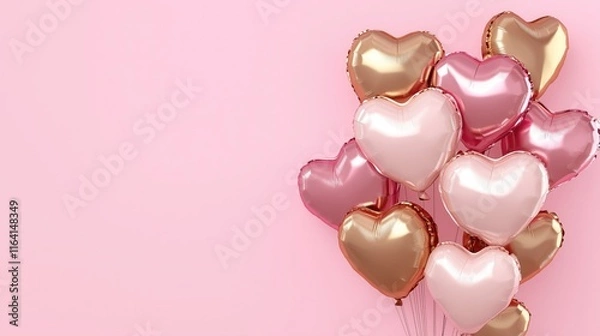 Fototapeta Abstract background with heart shaped balloons in rose pink gold and colors on a pink background. Mockup for presentation design, greeting card, or party invitation.