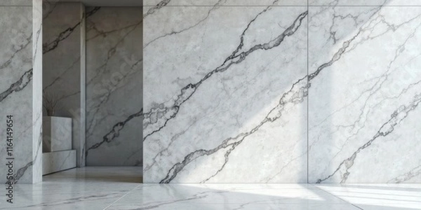 Obraz Modern minimalist interior design featuring a sleek marble wall and floor, ideal for showcasing products or creating a sophisticated ambiance.