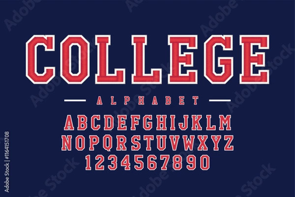 Fototapeta American college font, sport jacket type or American basketball typeface, vector Baseball alphabet characters. USA university typography font, team league player of rugby or soccer sport jersey type
