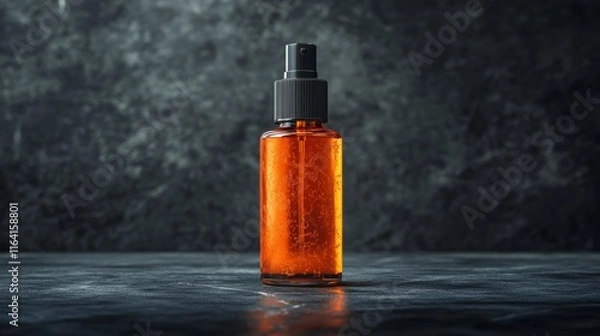 Fototapeta Amber glass spray bottle filled with liquid displayed against a dark background