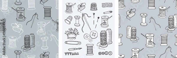 Obraz Contour drawings of sewing tools set, seamless patterns of  threads spools and needles, background, paper, wallpaper, vector illustration