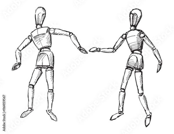Obraz Outline hand drawings of dancing human mannequins pair, wooden doll, dummy, sketch, vector illustration