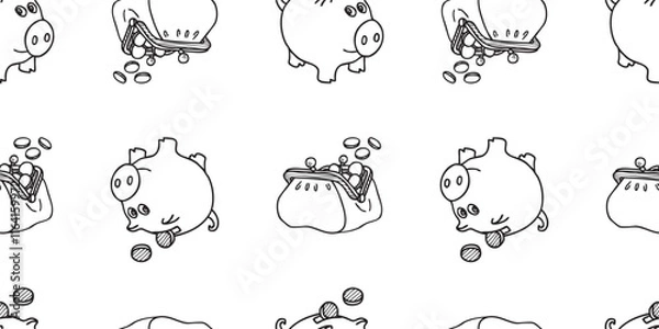 Fototapeta Seamless patern of contour drawings  piggy bank and old purse with coins, vector hand drawn background, paper