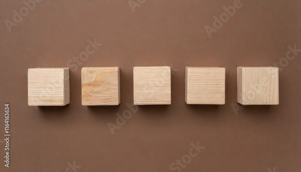 Fototapeta 5 wooden cubes on brown surface. Wood blocks. Flat lay. Place for adding text or design.