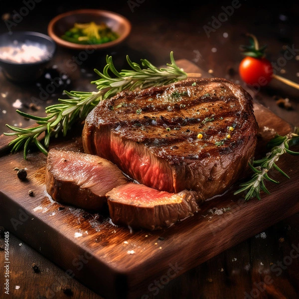 Fototapeta Sliced Rustic Beef Steak on Wooden Board with Rosemary, Salt, and Pepper
