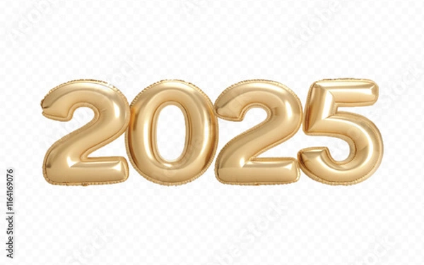 Fototapeta abstract 3d 2025 text made with high resolution different premium golden colour hellium in topview balloons isolated on white background