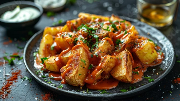 Obraz A warm plate of Spanish patatas bravas, drizzled with spicy tomato sauce and accompanied by a side of garlicky aioli for flavor