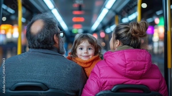 Fototapeta Family of Three Enjoying a Bus Ride in a Crowded City Scene