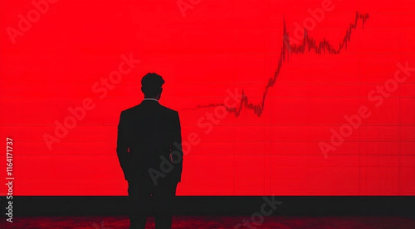 Obraz A silhouette of a man in a suit stands against a bright red background, observing a rising graph, symbolizing financial trends or market analysis.