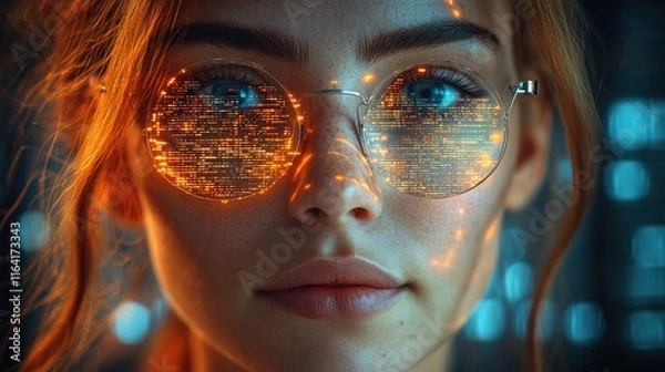 Fototapeta Close-up portrait of a young woman with round glasses reflecting digital data, illuminated by warm and cool light.